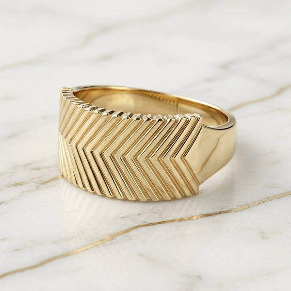Anillo Chevron Espiga Oro Sólido 10K Tallado 3.38g