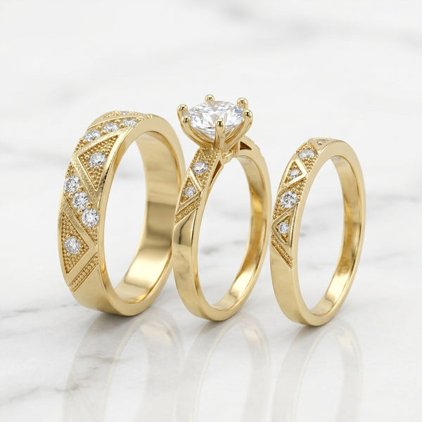 Trío de Anillos de Matrimonio y Compromiso en Oro Amarillo de 10K con Solitario y Detalles Milgrain (7.34g)