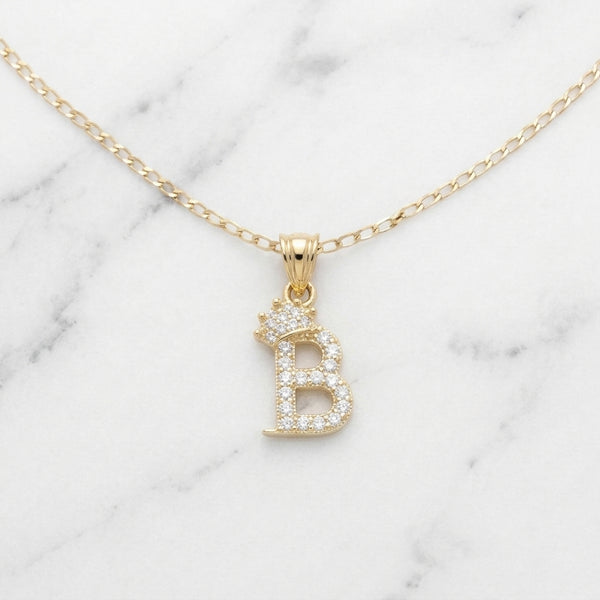 Dije Letra Inicial B con Corona y Zirconias en Oro Sólido Amarillo 10K (0.89g)