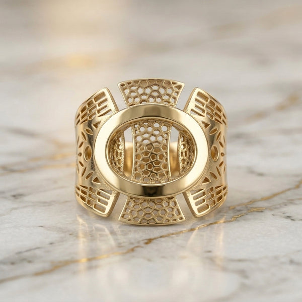 Anillo Ancho Calado Diseño Panal y Bisel Ovalado en Oro Amarillo 10K (Talla 8) - 3.22g