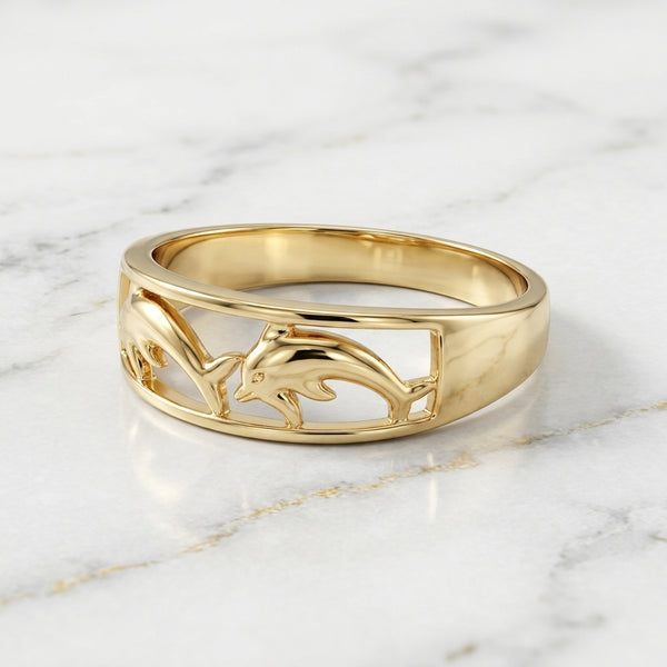 Anillo Aro de Delfines Calados en Oro Amarillo 10K - 3.34g