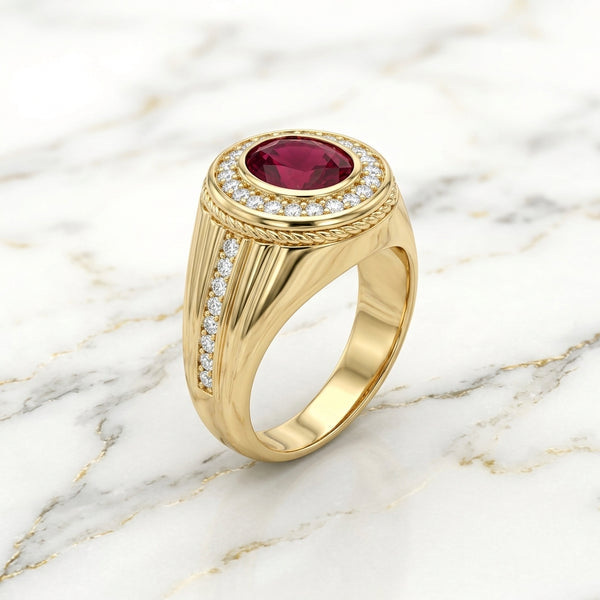 Anillo de Caballero con Piedra Roja Ovalada, Halo de Zirconias y Hombros Engastados en Oro Amarillo 10K (Talla 10 - 7.03g)