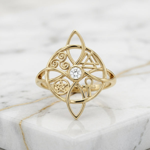 Anillo Nudo de Bruja Talismán Celta Oro Sólido 10K con Piedra 1.66g