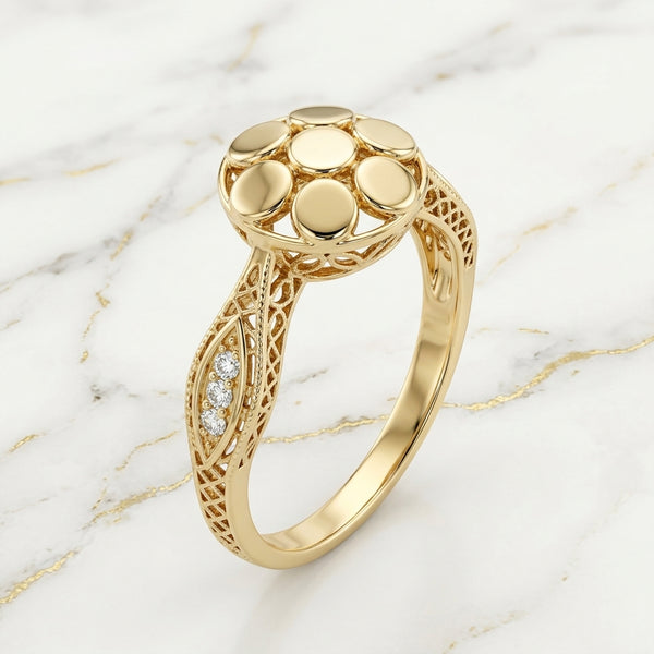Anillo Roseta Circular de Discos Pulidos con Hombros de Zirconias en Oro Amarillo 10K (Talla 7 - 1.14g)