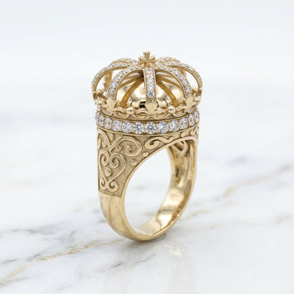 Anillo Corona Imperial de Hombre con Piedras Blancas en Oro 10K - 16.97g