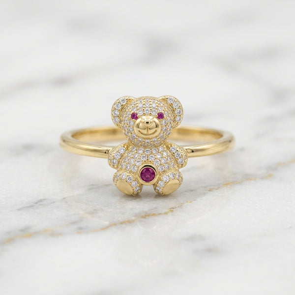 Anillo de Osito en Pavé de Circonias Blancas y Piedras Rubí en Oro Amarillo 10K - 2.28g