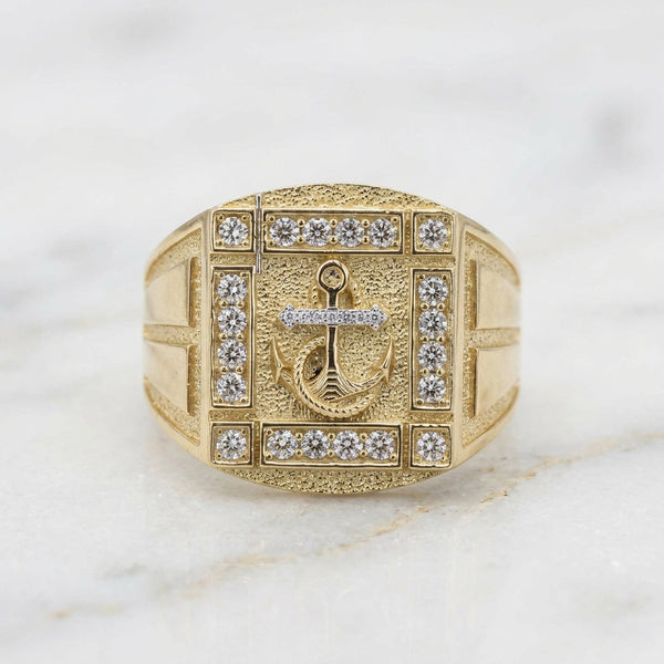 Anillo Ancla Marina de Hombre con Piedras Blancas en Oro 10K Talla 10.5 - 5.75g