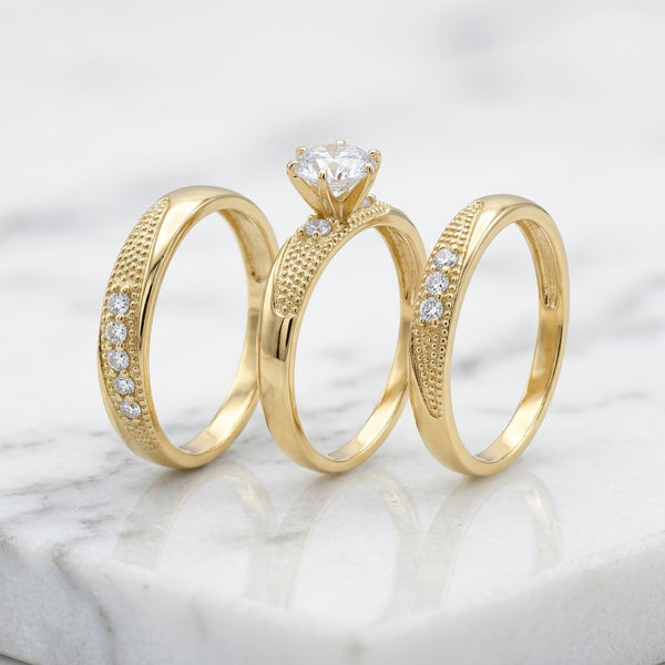 Trío de Anillos de Boda y Compromiso Ondulado Granulado con Solitario en Oro Sólido 10K (Tallas 7 y 10) - 6.05g