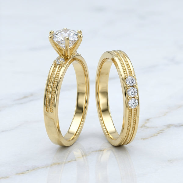 Dúo de Anillos de Compromiso y Boda con Canal Milgrain y Solitario en Oro Sólido 10K (Talla 7) - 3.05g