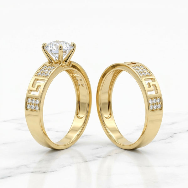 Set de Anillo de Compromiso y Alianza con Greca Calada y Zirconias en Oro Amarillo 10K (Talla 7 - 3.96g)