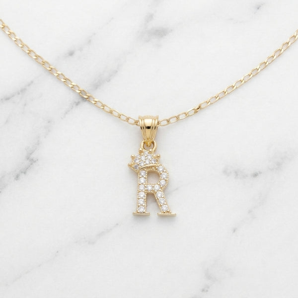Dije Letra Inicial R con Corona y Zirconias en Oro Sólido Amarillo 10K (0.89g)