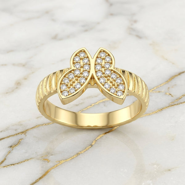 Anillo Mariposa Pavé Oro Sólido 10K Banda Acanalada Talla 9 2.11g