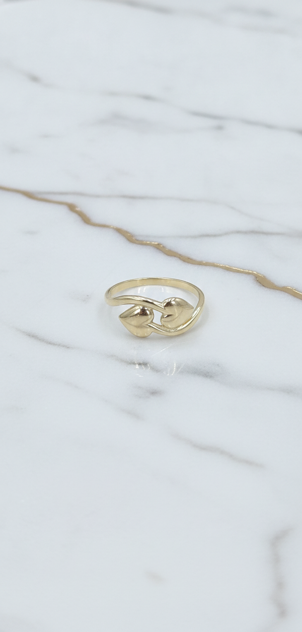 Anillo de Doble Corazón Pulido Encontrado (Bypass) en Oro Amarillo 10K (1.60g)