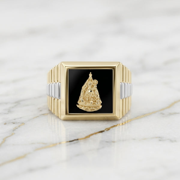 Anillo Sello Virgen de la Caridad del Cobre en Ónix Negro y Oro 10K Bicolor (Talla 10) - 5.29g