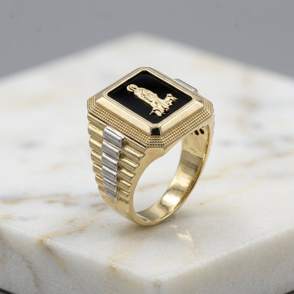 Anillo Virgen de la Caridad Ónix Negro de Hombre en Oro Dos Tonos 10K Talla 12.5 - 6.27g