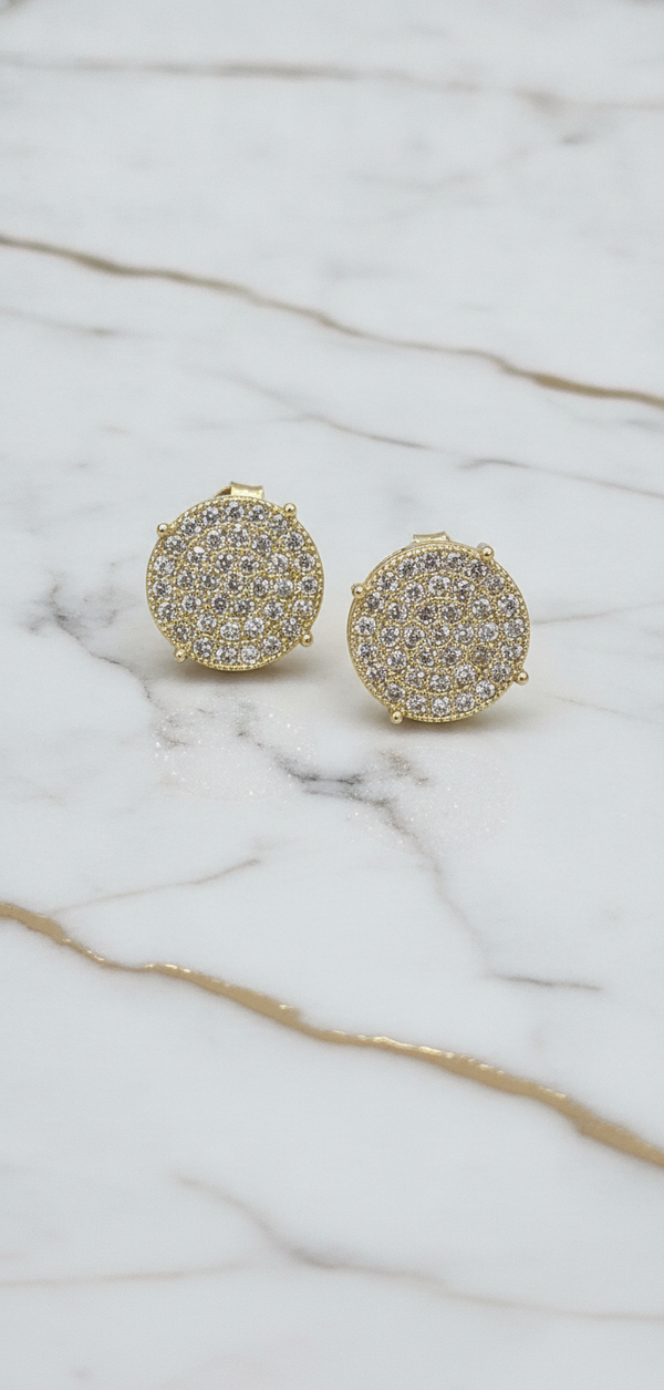 Aretes Dormilones Redondos Cluster en Pavé de Piedras Blancas en Oro Amarillo 10K - 2.00g