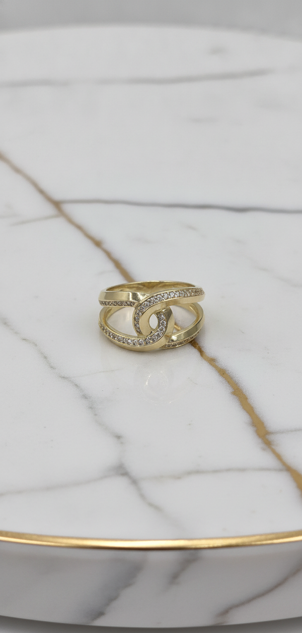 Anillo Entrelazado de Doble Aro con Pavé de Zirconias en Oro Amarillo Sólido 10K (Talla 7.5) - 2.77g