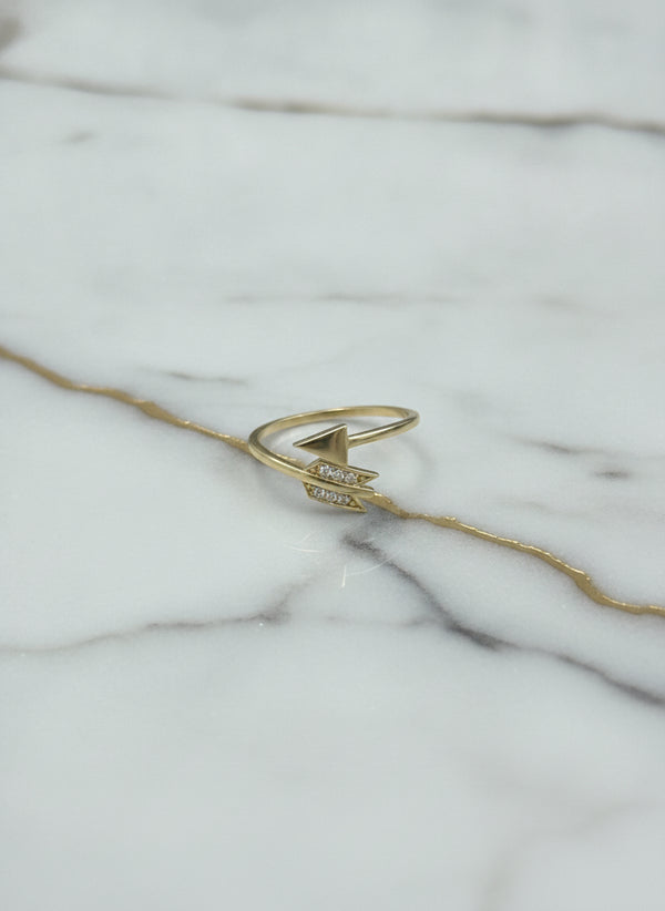 Anillo Flecha de Cupido Bypass con Plumas de Zirconias en Oro Amarillo 10K - 1.00g