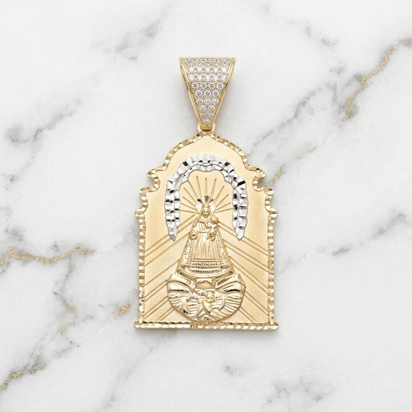 Dije Medalla Capilla Grande Virgen de la Caridad del Cobre Bicolor con Reasa Pavé en Oro 10K - 7.44g