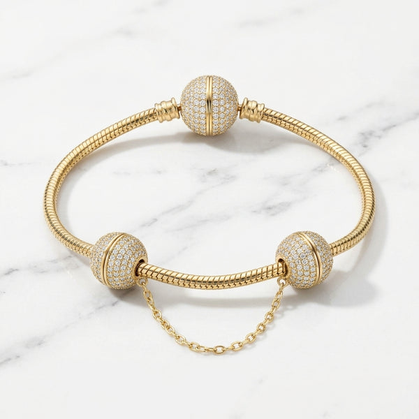 Pulsera Tejido Serpiente Estilo Pandora con Esfera Pavé y Cadena de Seguridad en Oro 10K (8") - 10.31g