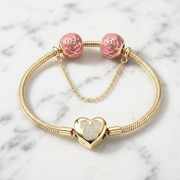 Pulsera Tejido Serpiente Estilo Pandora con Corazón Silueta Mickey Pavé y Cadena de Rosas en Oro 10K (8") - 9.72g