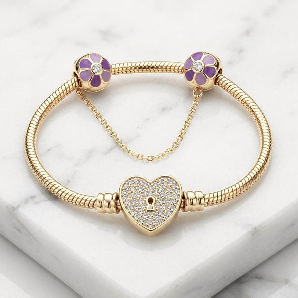 Pulsera Tejido Serpiente Estilo Pandora con Corazón Cerradura Pavé y Cadena de Flores Lilas en Oro 10K (8") - 9.75g
