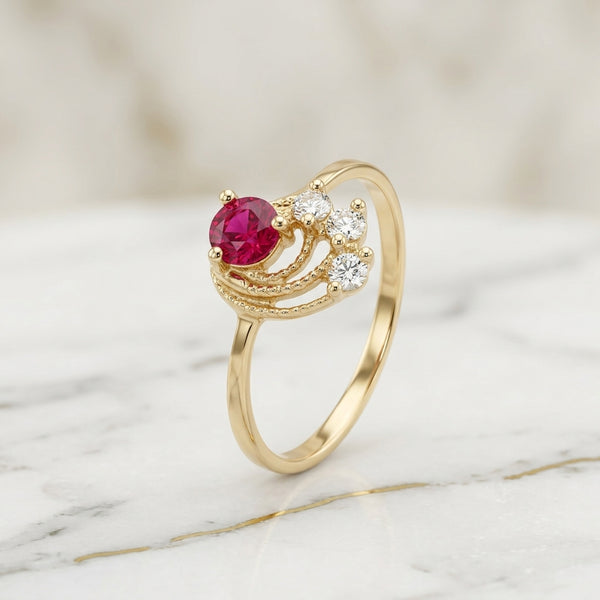 Anillo Cluster Piedra Roja Rubí y Brillantes Oro Sólido 10K 1.21g