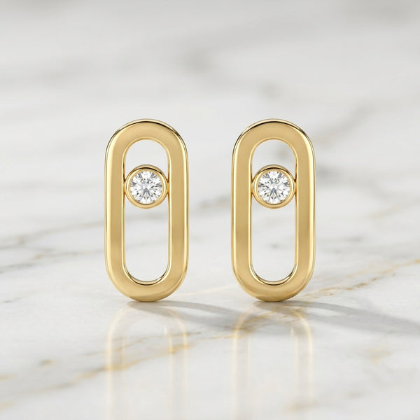 Aretes Topos Ovalados Lisos con Piedra Central en Oro 10K (1.89g)
