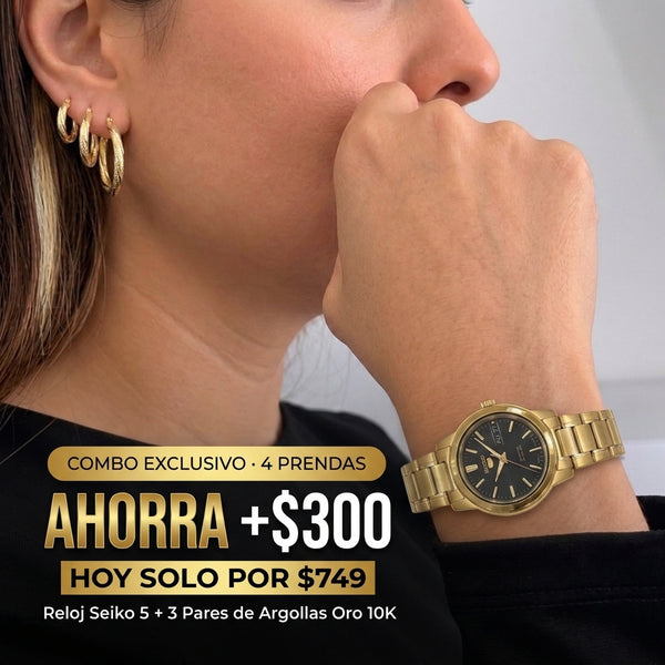 Combo Exclusivo: Reloj Seiko 5 Automático Dorado + Set de 3 Argollas Torcidas Nevadas en Oro 10K (4 Prendas)