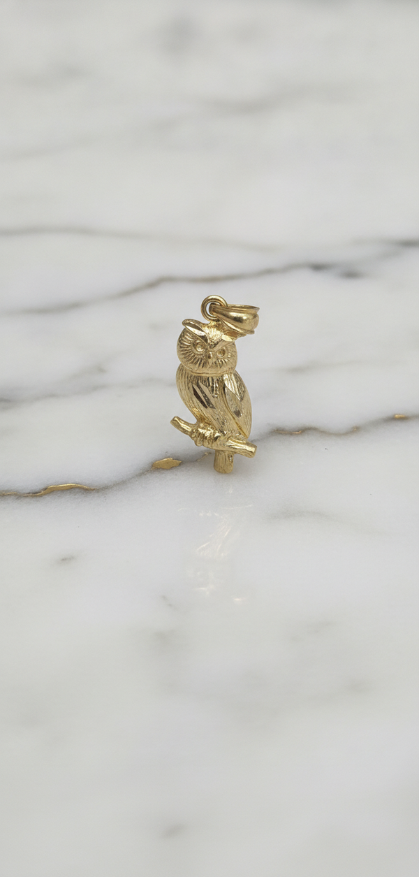 Dije Búho de la Sabiduría Posado en Rama con Corte Diamante en Oro Amarillo 10K (1.14g)