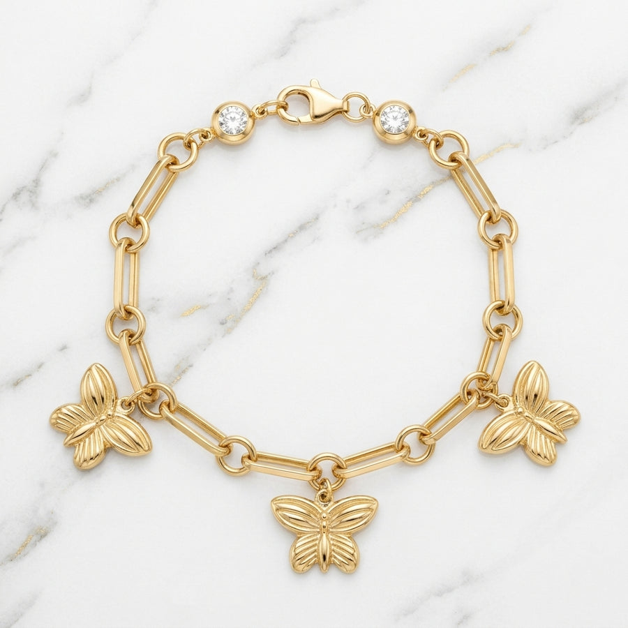 Pulsera Eslabón Rolo con 9 Charms Colgantes y Corazón Pavé en Oro Amarillo 10K - 6.42g