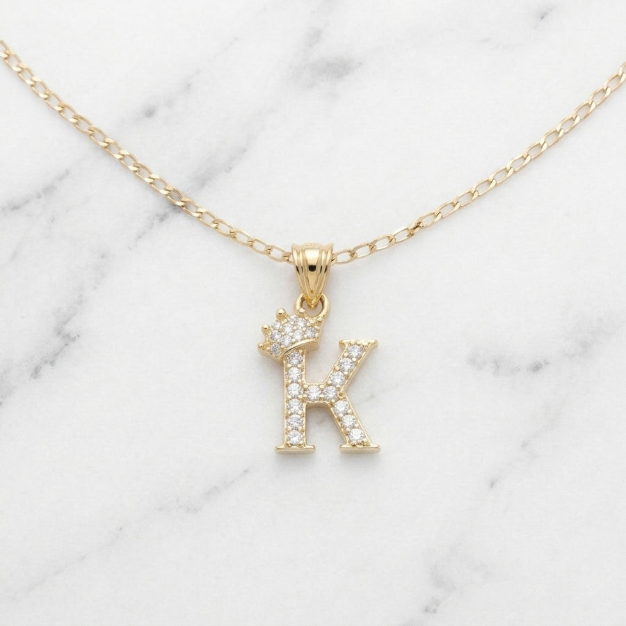 Dije Letra Inicial K con Corona y Zirconias en Oro Sólido Amarillo 10K (0.92g)