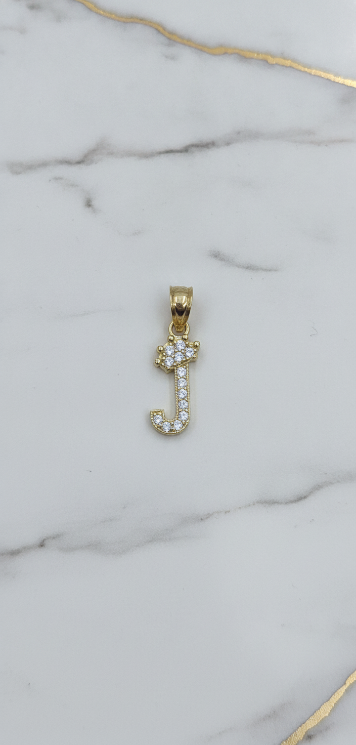 Dije Letra Inicial J con Corona y Zirconias en Oro Amarillo 10K (0.69g)