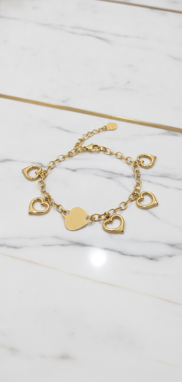 Manilla de Dijes de Corazones Colgantes en Oro Amarillo Sólido 14K (7") - 5.97g