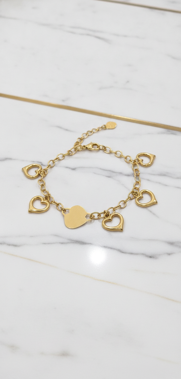 Manilla de Dijes de Corazones Colgantes en Oro Amarillo Sólido 14K (7") - 5.97g