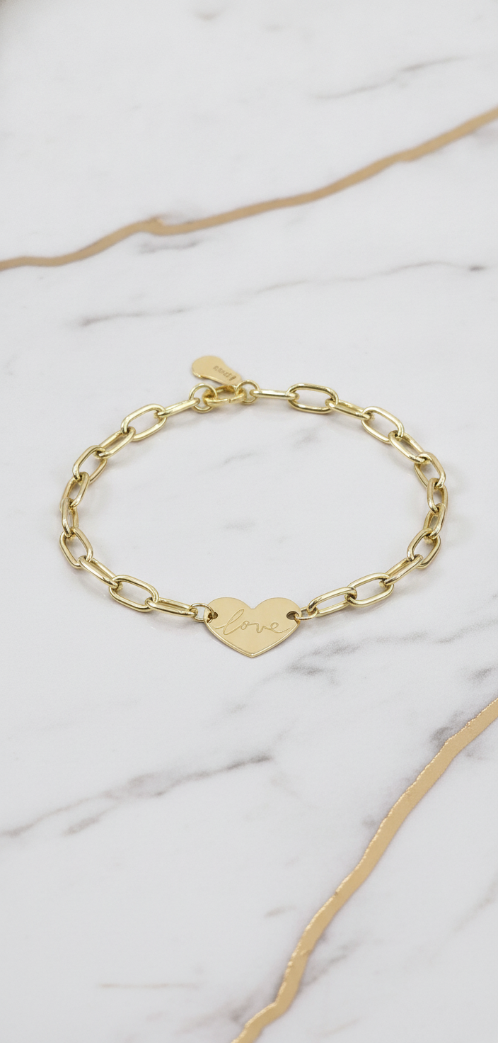 Manilla Eslabón Oval con Corazón Central Grabado "love" en Oro Sólido 14K (7.5") - 3.00g