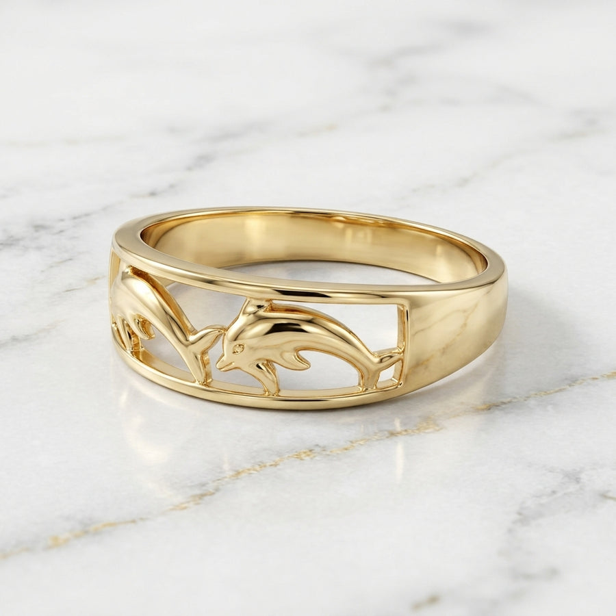 Anillo Aro de Delfines Calados en Oro Amarillo 10K - 3.34g