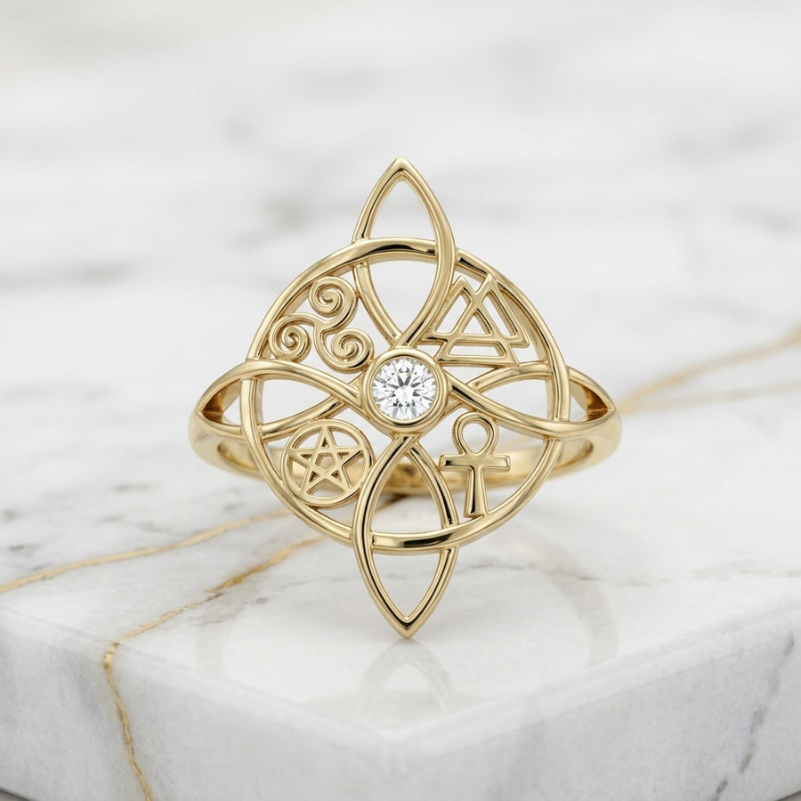 Anillo Nudo de Bruja Talismán Celta Oro Sólido 10K con Piedra 1.66g
