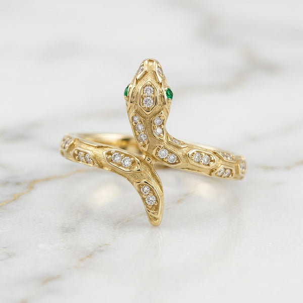 Anillo Serpiente Bvlgari Style Oro Sólido 10K con Esmeraldas y Circonias 1.78g