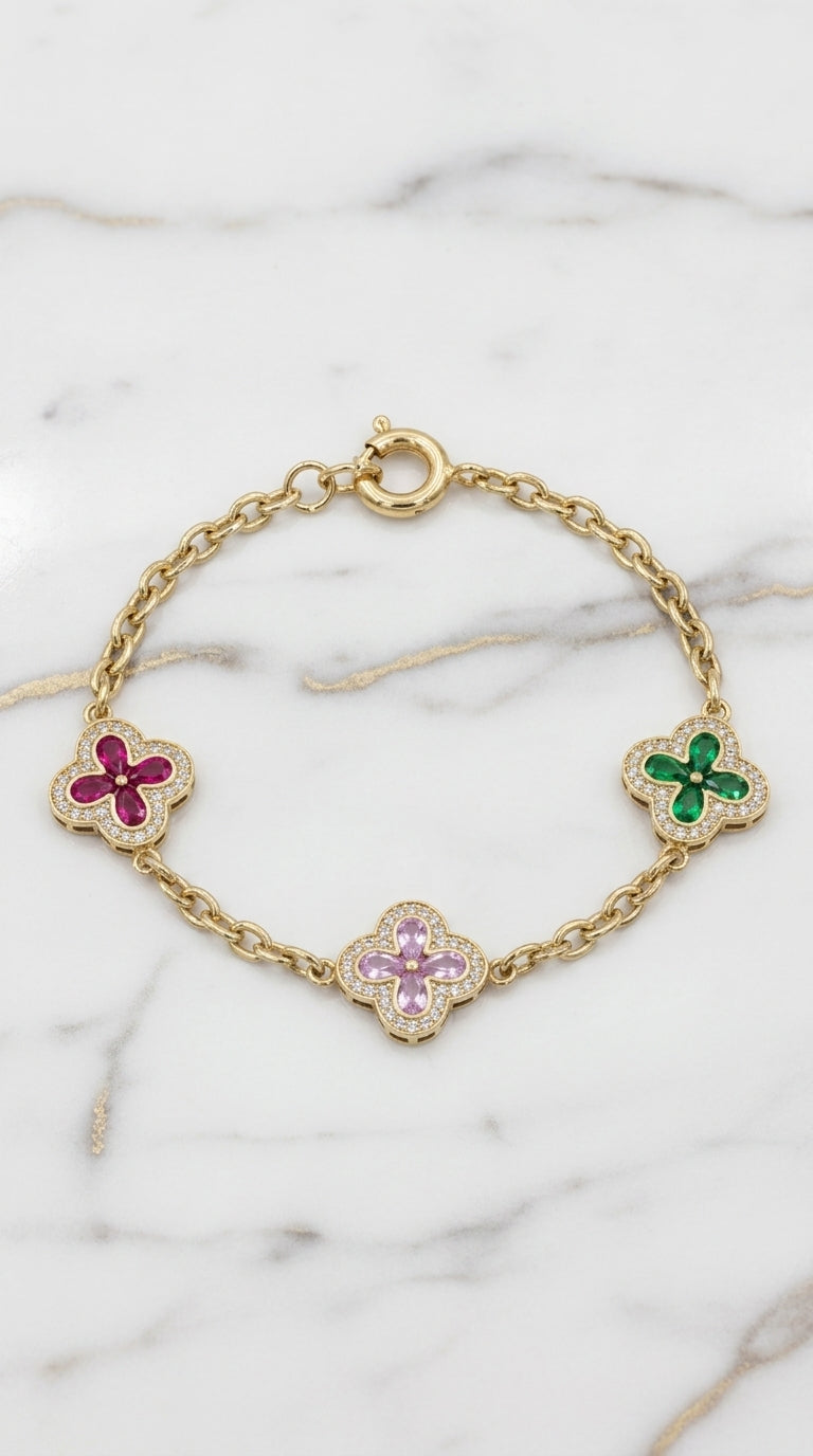 Manilla de Tréboles de 4 Hojas Multicolor con Halos de Piedras Blancas en Oro 10K - 5.74g