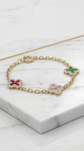 Manilla de Tréboles de 4 Hojas Multicolor con Halos de Piedras Blancas en Oro 10K - 5.74g