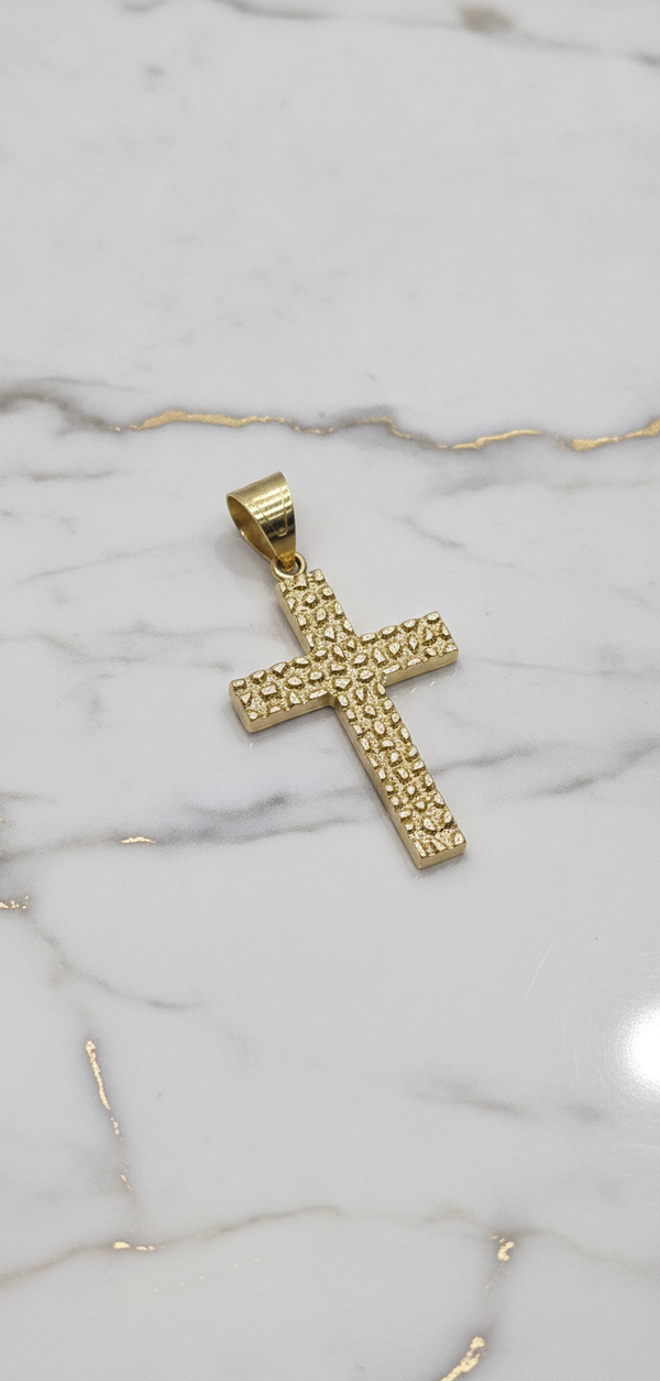 Dije Cruz 3D Textura Nugget (Pepita de Oro) en Oro Amarillo 10K (3.32g)
