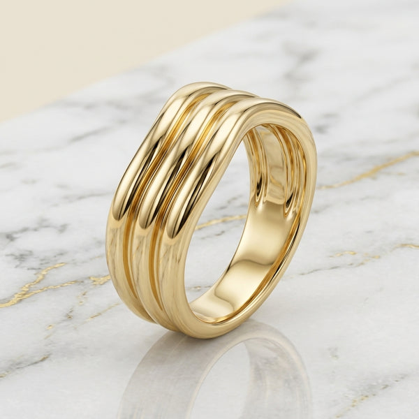 Anillo Triple Ola Ondulado Oro Sólido 10K Pulido Espejo 2.72g