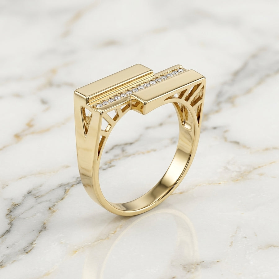 Anillo Arquitectónico Doble Barra Oro Sólido 10K con Piedras 1.79g