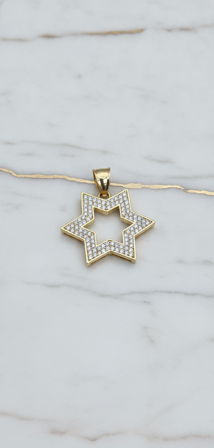 Dije Estrella de Seis Puntas Calada con Doble Hilera de Zirconias Pavé en Oro Amarillo 10K (2.75g)