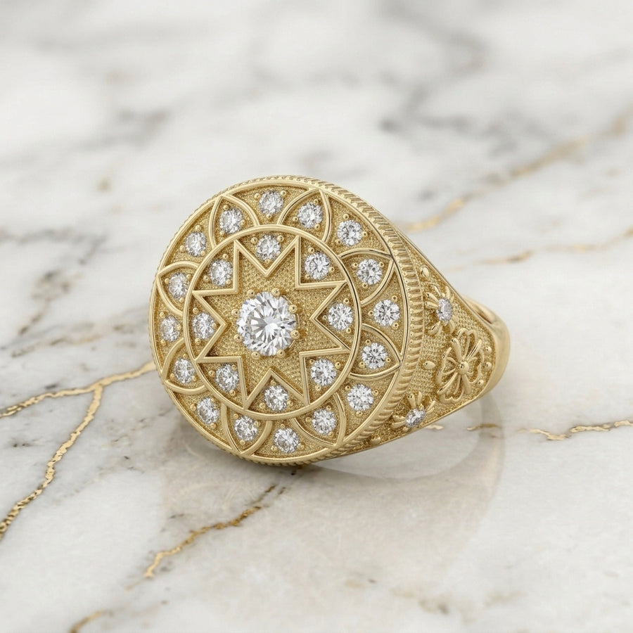 Anillo Rosetón Estrella de 8 Puntas de Hombre en Oro 10K Talla 11 - 6.51g