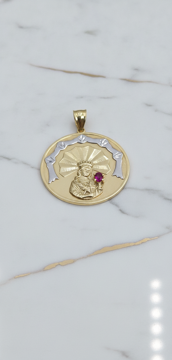Dije Medalla Circular de Santa Bárbara con Gema Roja en Oro Bicolor 10K (5.14g)