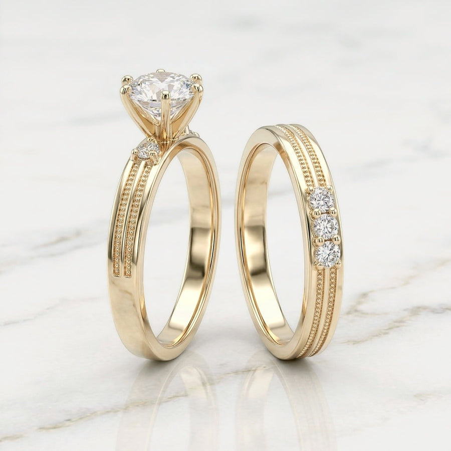 Dúo de Anillos de Compromiso y Boda con Canal Milgrain y Solitario en Oro Sólido 10K (Talla 7) - 3.05g