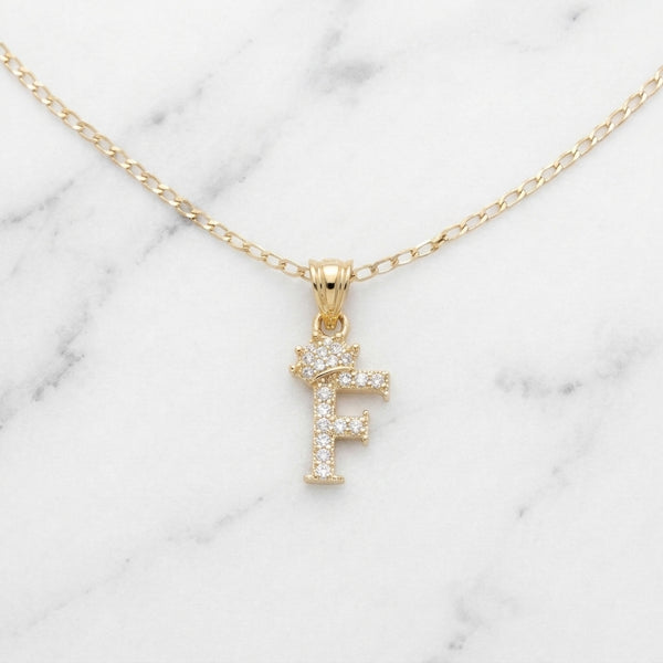 Dije Letra Inicial F con Corona y Zirconias en Oro Sólido Amarillo 10K (0.79g)