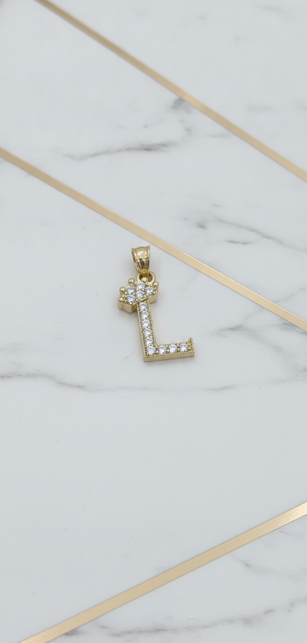 Dije Letra Inicial L con Corona y Zirconias en Oro Sólido Amarillo 10K (1.31g)